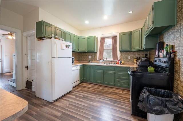 701 E 1st Ave, Derry Boro, PA 15627 - kitchen featuring green cabinets, white appliances, light countertops, and recessed lighting