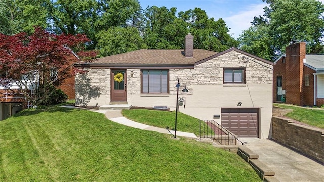 332 Garlow Dr, Penn Hills, PA 15235 - ranch-style home with a garage, driveway, a chimney, and stone siding
