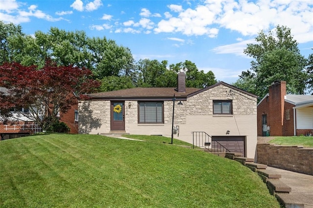332 Garlow Dr, Penn Hills, PA 15235 - ranch-style home with an attached garage, a front lawn, a chimney, and stone siding
