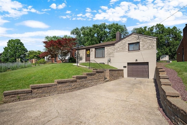 332 Garlow Dr, Penn Hills, PA 15235 - ranch-style home with a garage, driveway, a front lawn, stone siding, and a chimney