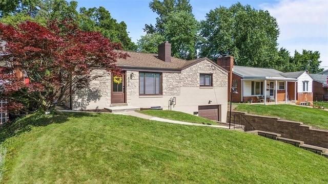 332 Garlow Dr, Penn Hills, PA 15235 - ranch-style house with an attached garage, stone siding, a chimney, a front lawn, and driveway