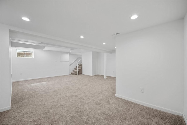 332 Garlow Dr, Penn Hills, PA 15235 - basement with recessed lighting, stairs, and carpet flooring