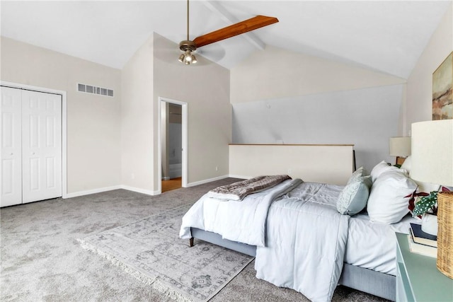 1109 Mary Ann, South Side, PA 15203 - carpeted bedroom with ceiling fan, beam ceiling, high vaulted ceiling, and a closet