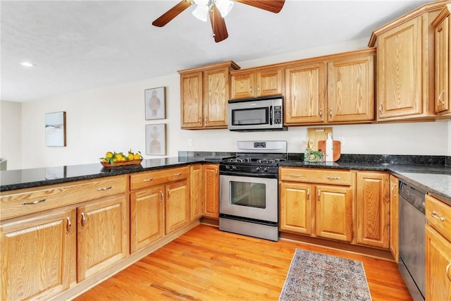 1109 Mary Ann, South Side, PA 15203 - kitchen featuring stainless steel appliances, light wood finished floors, ceiling fan, dark stone counters, and recessed lighting