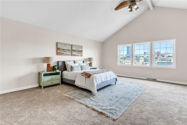 1109 Mary Ann, South Side, PA 15203 - carpeted bedroom featuring beamed ceiling, high vaulted ceiling, and ceiling fan