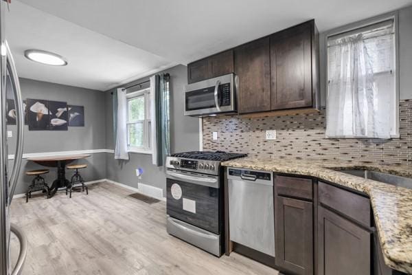 147 Rodilin Dr, Penn Hills, PA 15235 - kitchen with stainless steel appliances, dark brown cabinetry, light wood-style floors, backsplash, and light stone counters