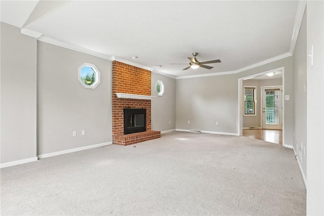 109 Hamilton Ct, Economy, PA 15005 - unfurnished living room with a ceiling fan, ornamental molding, light colored carpet, and a fireplace