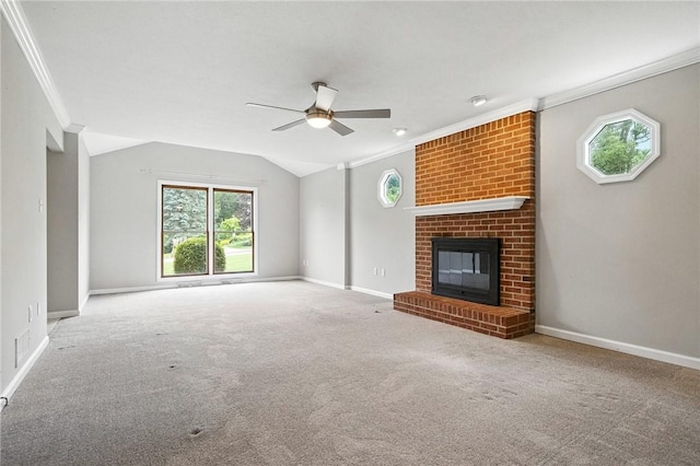 109 Hamilton Ct, Economy, PA 15005 - unfurnished living room with crown molding, a brick fireplace, carpet floors, ceiling fan, and lofted ceiling