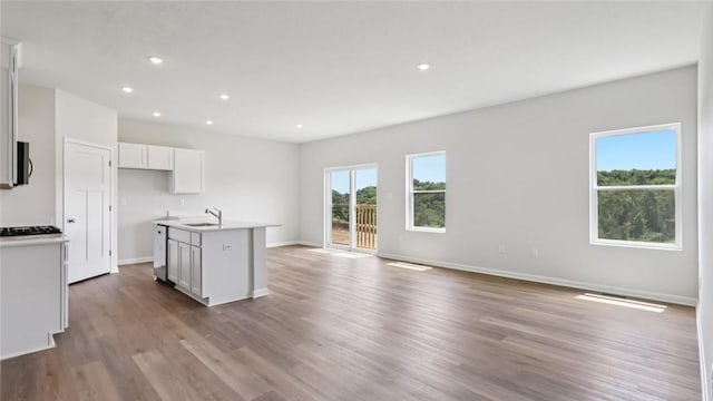 163 Smith Ln, Chippewa Twp, PA 15010 - kitchen with open floor plan, wood finished floors, recessed lighting, white cabinets, and an island with sink