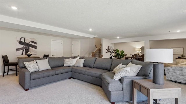 412 Barons Ct, Peters Twp, PA 15367 - living room featuring stairway, light colored carpet, and recessed lighting