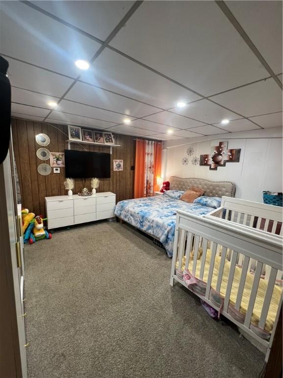 306 Fallowfield Ave, Charleroi Boro, PA 15022 - carpeted bedroom featuring a paneled ceiling and wooden walls