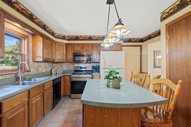 4581 Bakerstown Culmerville Rd, West Deer, PA 15044 - kitchen featuring appliances with stainless steel finishes, brown cabinetry, a breakfast bar, decorative backsplash, and light tile patterned floors
