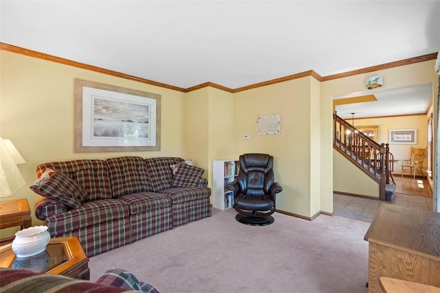 4581 Bakerstown Culmerville Rd, West Deer, PA 15044 - carpeted living room featuring crown molding and stairway