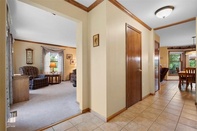 4581 Bakerstown Culmerville Rd, West Deer, PA 15044 - corridor with light tile patterned floors, ornamental molding, and light colored carpet