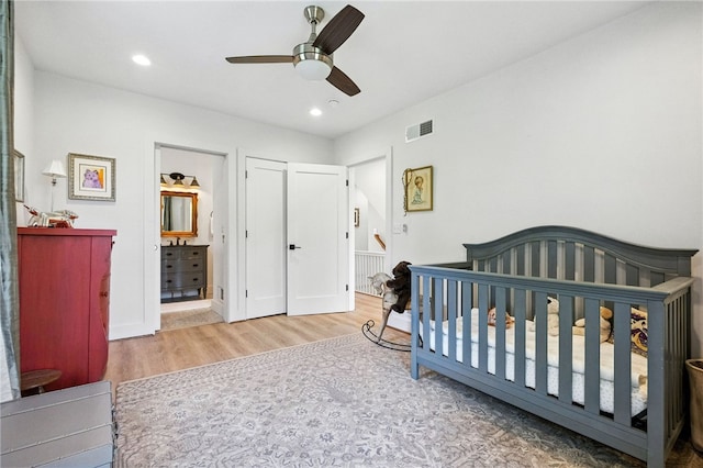 3901 Bakerstown Rd, Richland, PA 15044 - bedroom featuring wood finished floors, recessed lighting, a ceiling fan, and connected bathroom