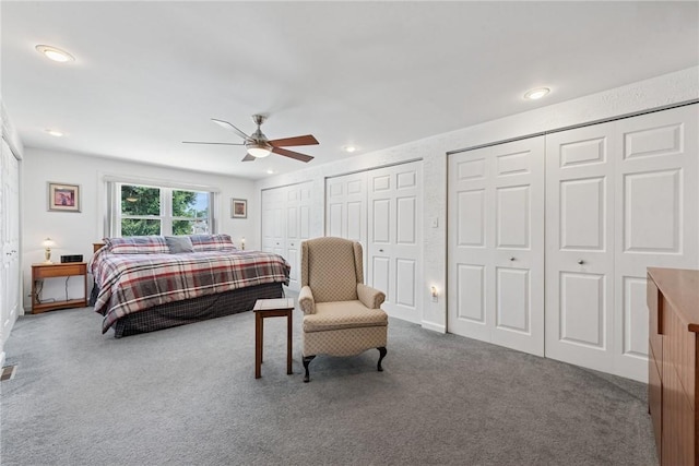1417 Riverview Dr, Verona, PA 15147 - bedroom with two closets, carpet, recessed lighting, and ceiling fan
