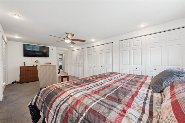1417 Riverview Dr, Verona, PA 15147 - bedroom featuring carpet, two closets, recessed lighting, and a ceiling fan