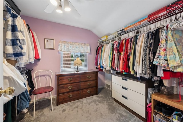 1417 Riverview Dr, Verona, PA 15147 - walk in closet with lofted ceiling, a ceiling fan, and carpet