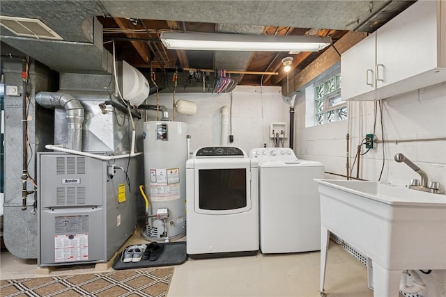 1417 Riverview Dr, Verona, PA 15147 - washroom featuring water heater, cabinet space, washer and clothes dryer, concrete block wall, and heating unit