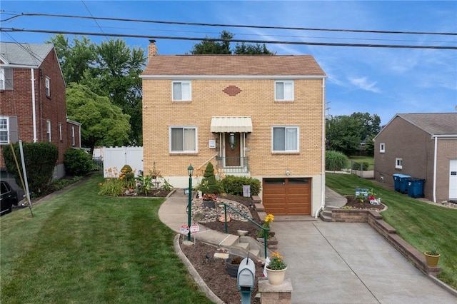 1417 Riverview Dr, Verona, PA 15147 - view of front of house featuring concrete driveway, a garage, brick siding, and a chimney
