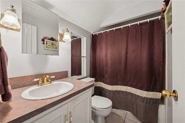 1417 Riverview Dr, Verona, PA 15147 - bathroom with vanity, tile patterned flooring, lofted ceiling, and a shower with shower curtain
