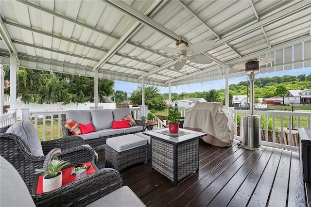 1417 Riverview Dr, Verona, PA 15147 - wooden deck featuring an outdoor hangout area, ceiling fan, and grilling area