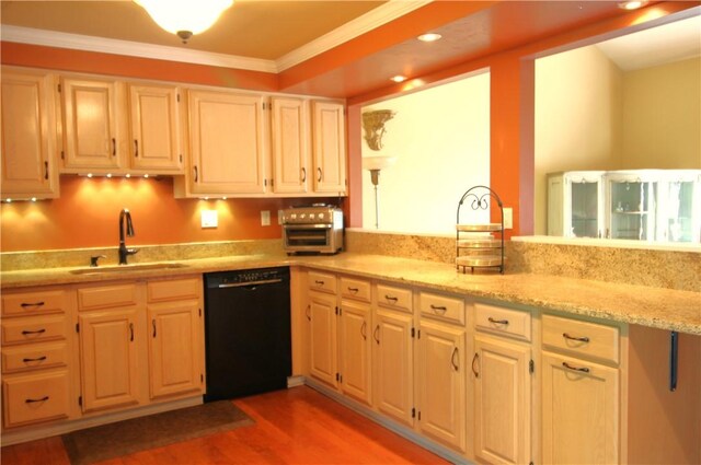 104 Victoria Dr, North Strabane, PA 15317 - kitchen featuring dishwasher, light wood-style flooring, light stone countertops, recessed lighting, and ornamental molding
