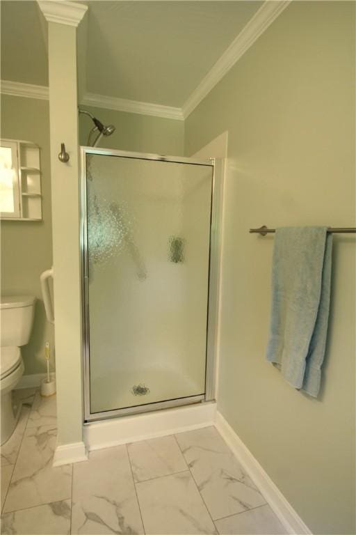 104 Victoria Dr, North Strabane, PA 15317 - full bath with marble finish floors, crown molding, and a stall shower