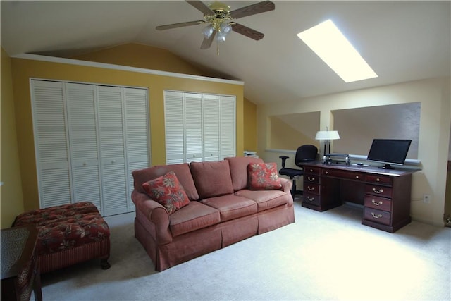 104 Victoria Dr, North Strabane, PA 15317 - office area featuring light carpet, vaulted ceiling, ceiling fan, and a skylight