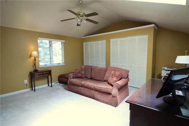 104 Victoria Dr, North Strabane, PA 15317 - living area featuring ceiling fan, vaulted ceiling, an office area, and carpet flooring