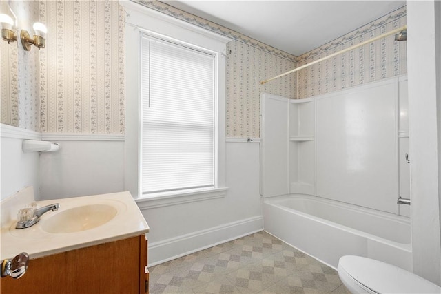 408 Lydia St, Carnegie, PA 15106 - bathroom featuring vanity, shower / bathtub combination, tile patterned floors, wallpapered walls, and wainscoting