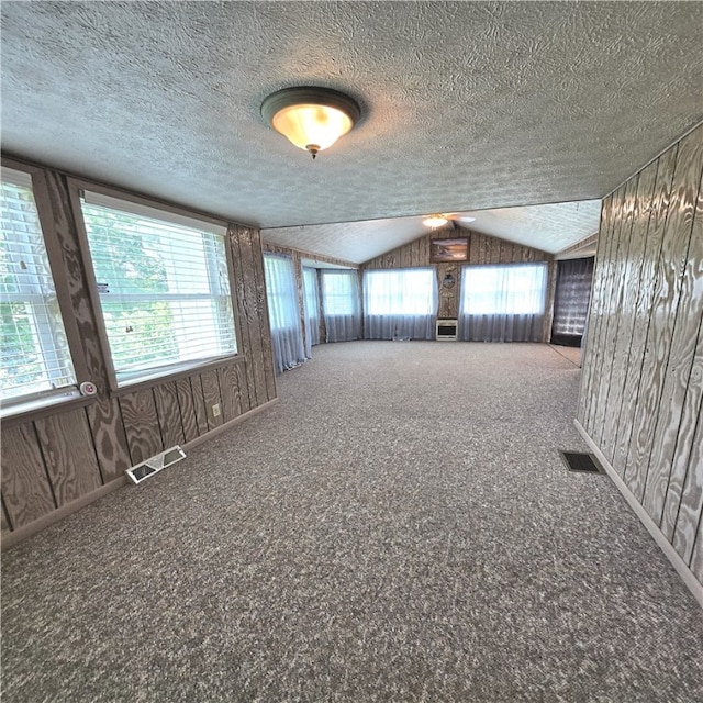 76 Foch Cir, Nemacolin, PA 15351 - unfurnished room with carpet, vaulted ceiling, a textured ceiling, and wooden walls