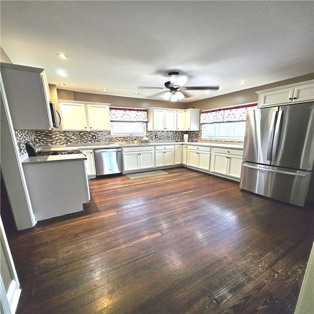 76 Foch Cir, Nemacolin, PA 15351 - kitchen with stainless steel appliances, dark wood finished floors, tasteful backsplash, a ceiling fan, and light countertops