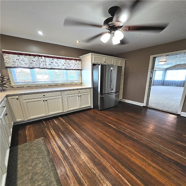 76 Foch Cir, Nemacolin, PA 15351 - kitchen featuring freestanding refrigerator, white cabinetry, dark wood-type flooring, light countertops, and healthy amount of natural light