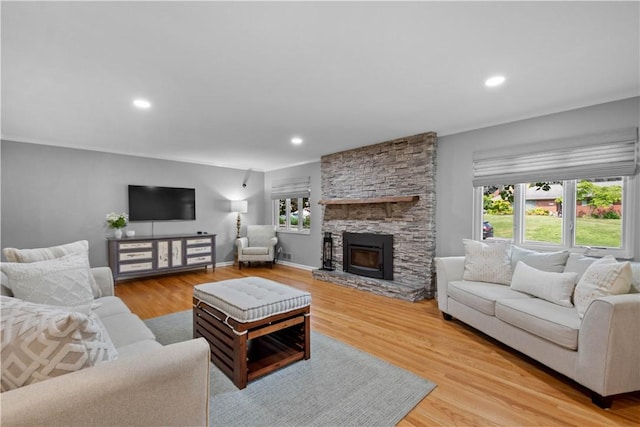 2633 Cedarvue Dr, Saint Clair, PA 15241 - living area with light wood finished floors, recessed lighting, and a fireplace