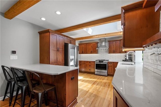 2633 Cedarvue Dr, Saint Clair, PA 15241 - kitchen featuring wall chimney range hood, appliances with stainless steel finishes, beam ceiling, decorative backsplash, and a peninsula