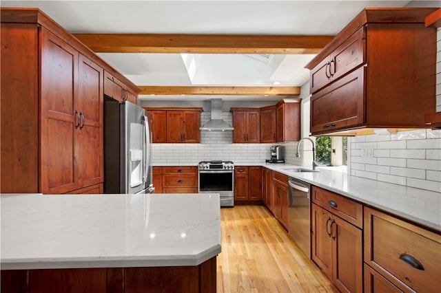 2633 Cedarvue Dr, Saint Clair, PA 15241 - kitchen with appliances with stainless steel finishes, wall chimney exhaust hood, light wood-style floors, backsplash, and beam ceiling