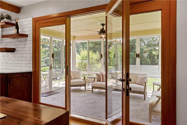 2633 Cedarvue Dr, Saint Clair, PA 15241 - entryway featuring french doors, beam ceiling, and a ceiling fan