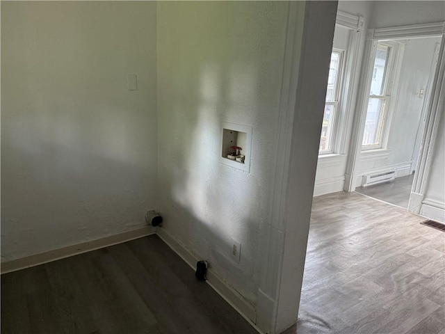 240 2nd Ave, Sharon, PA 16146 - laundry area with hookup for a washing machine, dark wood finished floors, and a baseboard radiator
