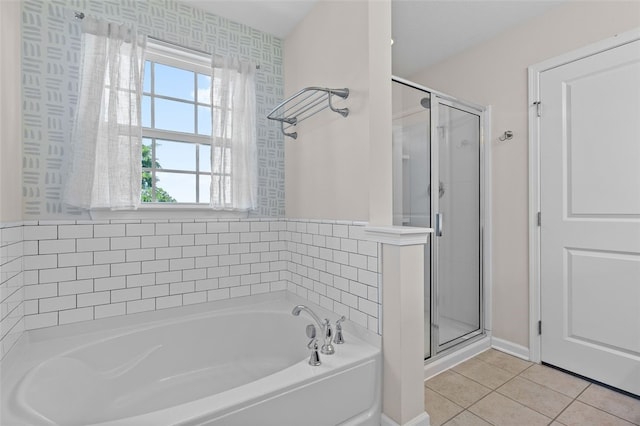 1004 Pointe View Dr, Adams Twp, PA 16046 - bathroom with a stall shower, a bath, tile patterned floors, and wallpapered walls