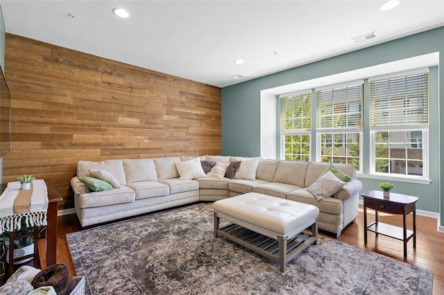 1004 Pointe View Dr, Adams Twp, PA 16046 - living room featuring wooden walls, recessed lighting, and wood finished floors