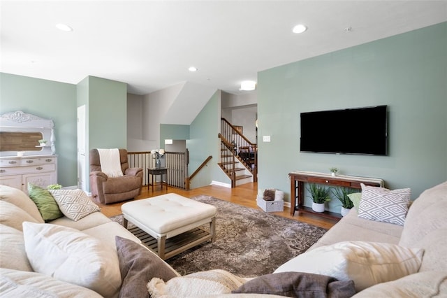 1004 Pointe View Dr, Adams Twp, PA 16046 - living room featuring wood finished floors, recessed lighting, and stairs
