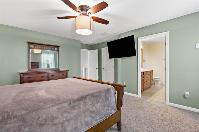 1004 Pointe View Dr, Adams Twp, PA 16046 - bedroom with light colored carpet, ensuite bath, ceiling fan, and light tile patterned floors