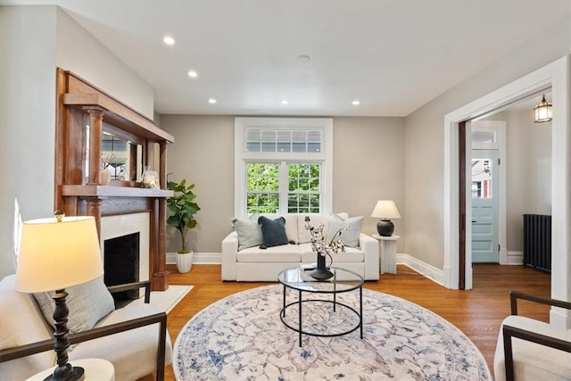 248 Berringer Pl, Ben Avon, PA 15202 - living area featuring radiator heating unit, recessed lighting, a fireplace with flush hearth, and wood finished floors