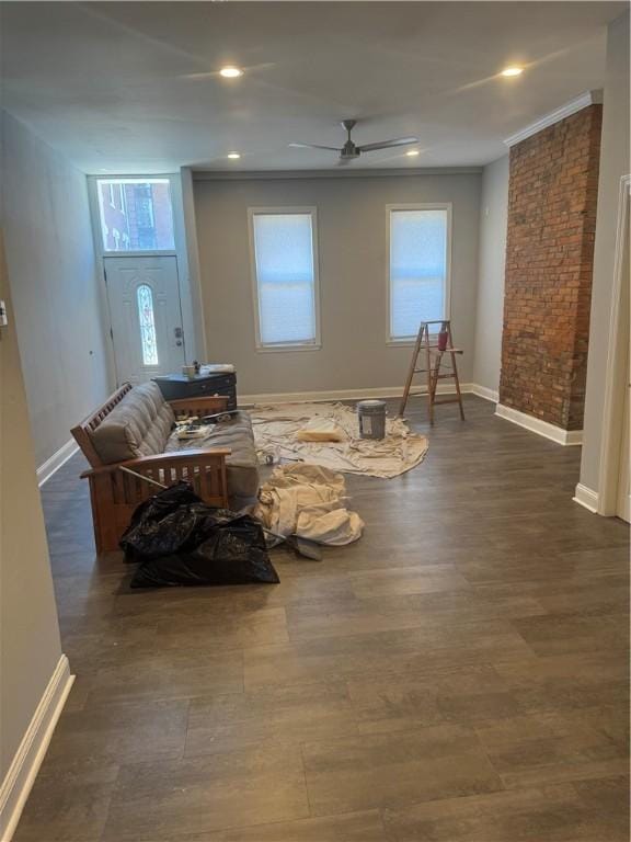 2411 Sarah St, South Side, PA 15203 - living room with wood finished floors, plenty of natural light, a ceiling fan, crown molding, and recessed lighting