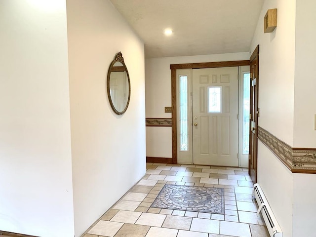 840 Lansberry Ct, Somerset Boro, PA 15501 - foyer entrance with a baseboard heating unit, light tile patterned floors, inlaid floor details, and recessed lighting