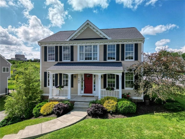 102 Bridal Ln, North Fayette, PA 15071 - colonial inspired home featuring a porch, a front yard, and roof with shingles