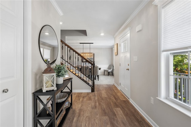 1026 Tee Line Dr, Hopewell Twp, PA 15001 - entrance foyer featuring stairs, dark wood-style floors, ornamental molding, and recessed lighting