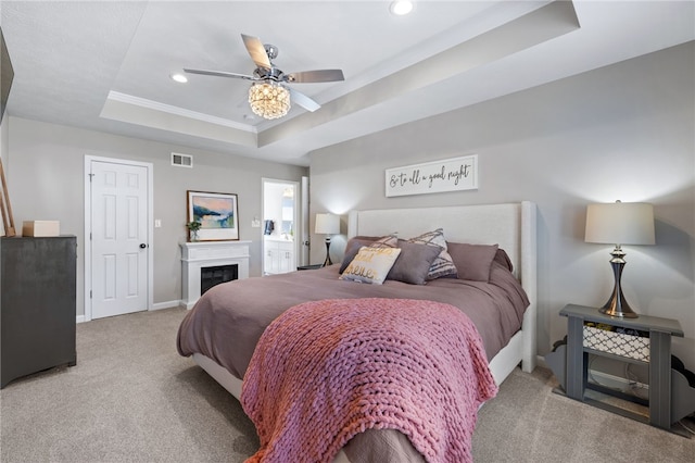 1026 Tee Line Dr, Hopewell Twp, PA 15001 - bedroom with a tray ceiling, carpet, recessed lighting, crown molding, and ceiling fan
