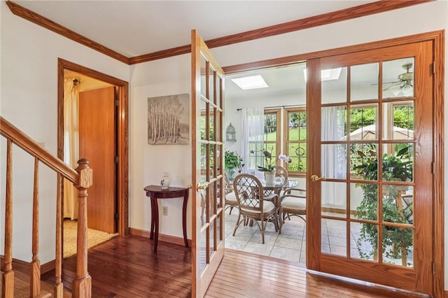 221 Scott Hollow Rd, Pa, PA 15021 - doorway to outside with stairway, french doors, crown molding, and wood-type flooring